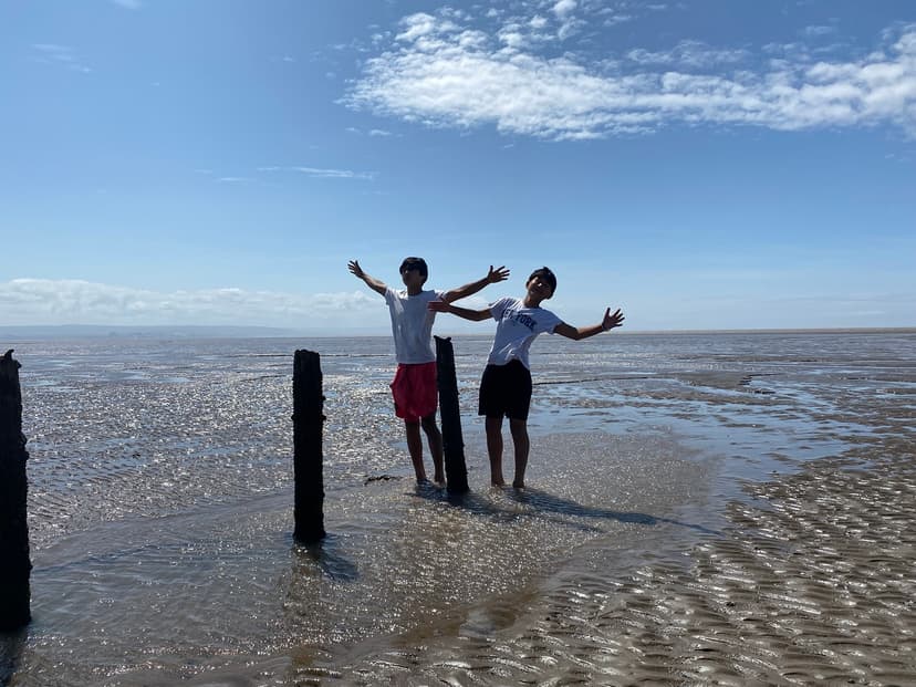 Two people standing on a sandy beach with arms outstretched, next to wooden posts, under a clear blue sky.