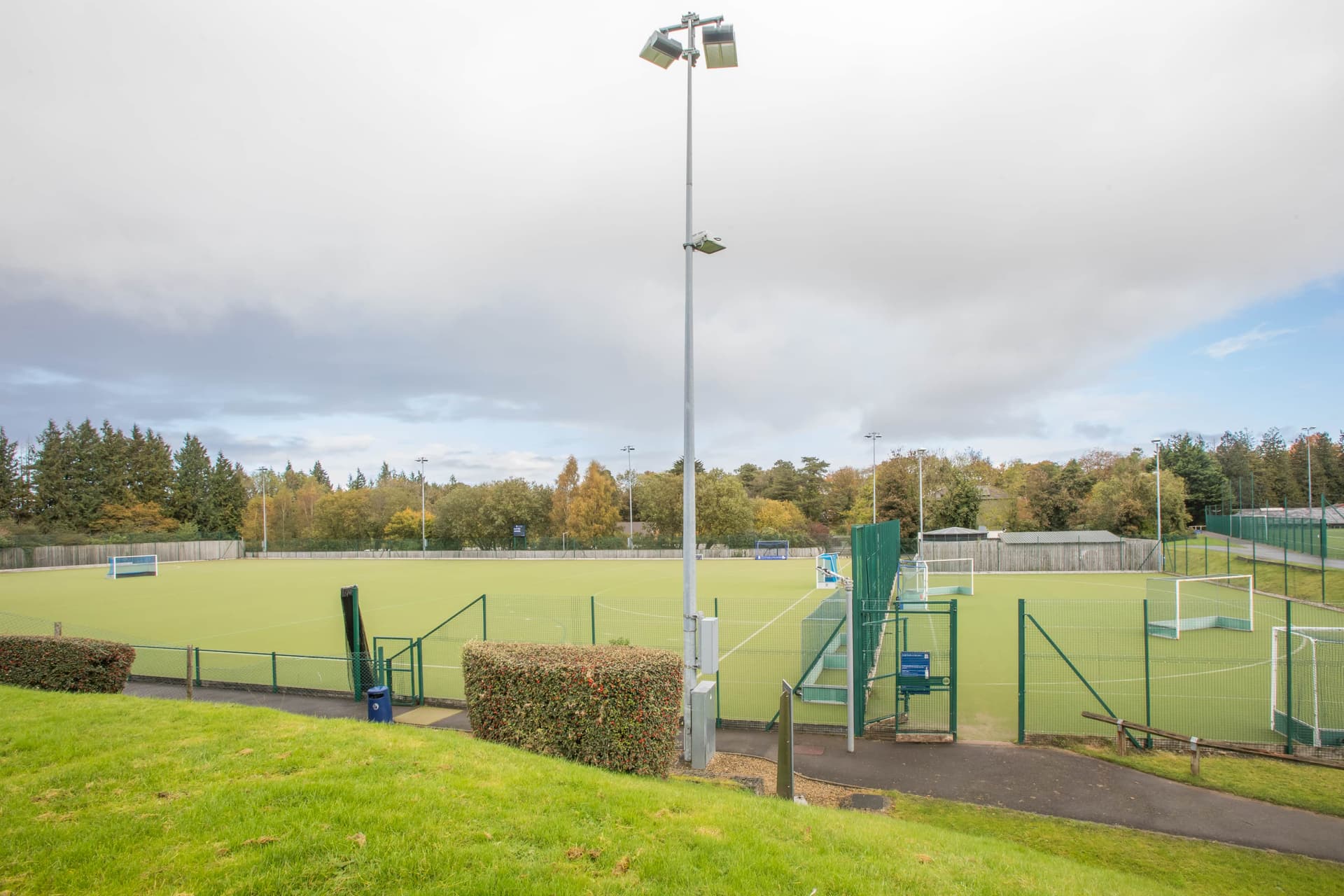 A fenced sports field with artificial turf, surrounded by trees and tall floodlights, under a cloudy sky.